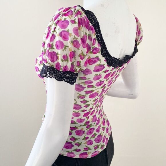 Urban Outfitters Kimchi Blue Blake Rose Floral Print Mesh Top w Black Lace Trim - Picture 3 of 9